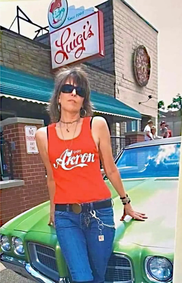 Enjoy Akron - Womens Fine Jersey T-Shirt  (Worn by Chrissie Hynde of PRETENDERS) - Amp’d Apparel
