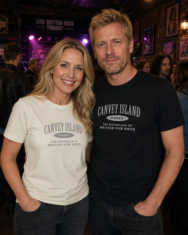 Two people wearing 'Canvey Island' t-shirts standing together in a social setting.
