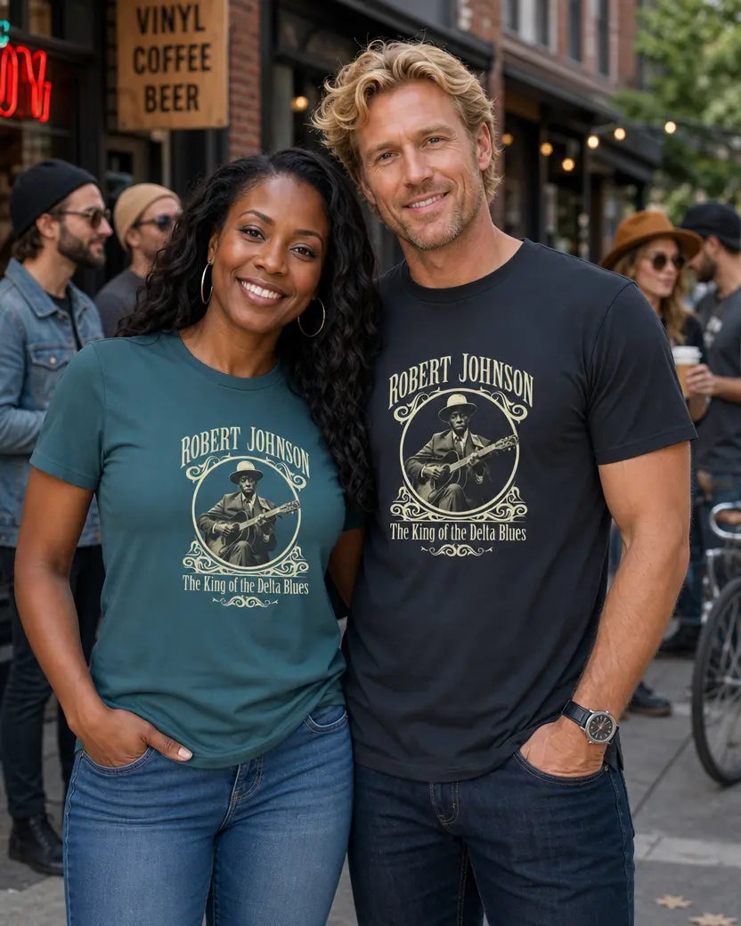 A man and a woman standing together on a city street