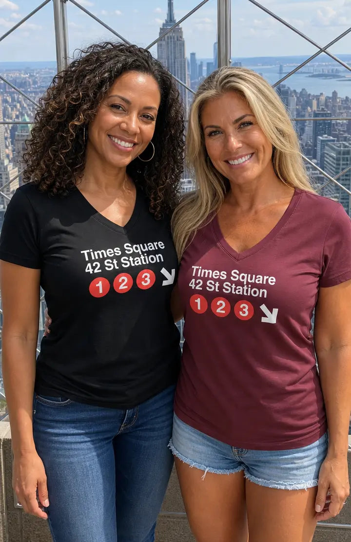 Two women standing side-by-side in front of a city skyline, wearing matching V-neck t-shirts with 'Times Square 42 St Station' and station number graphics printed on the front.