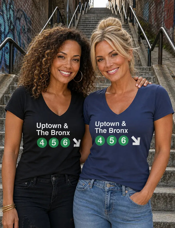 Two women standing on outdoor concrete stairs wearing matching graphic V-neck t-shirts. The shirt on the left is black with white text reading 'Uptown & The Bronx' above green circles with white numbers '4 5 6' and a white arrow.