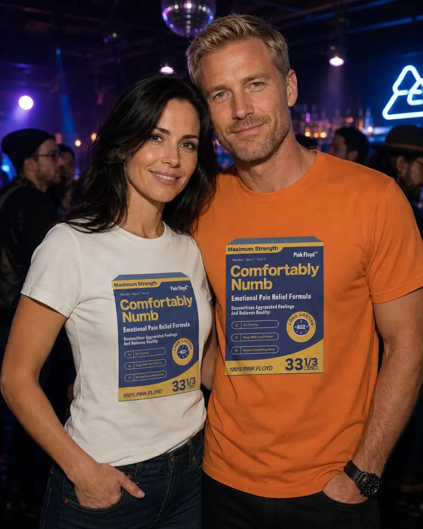 A man and a woman wearing a Comfortable Numb branded T-shirt.