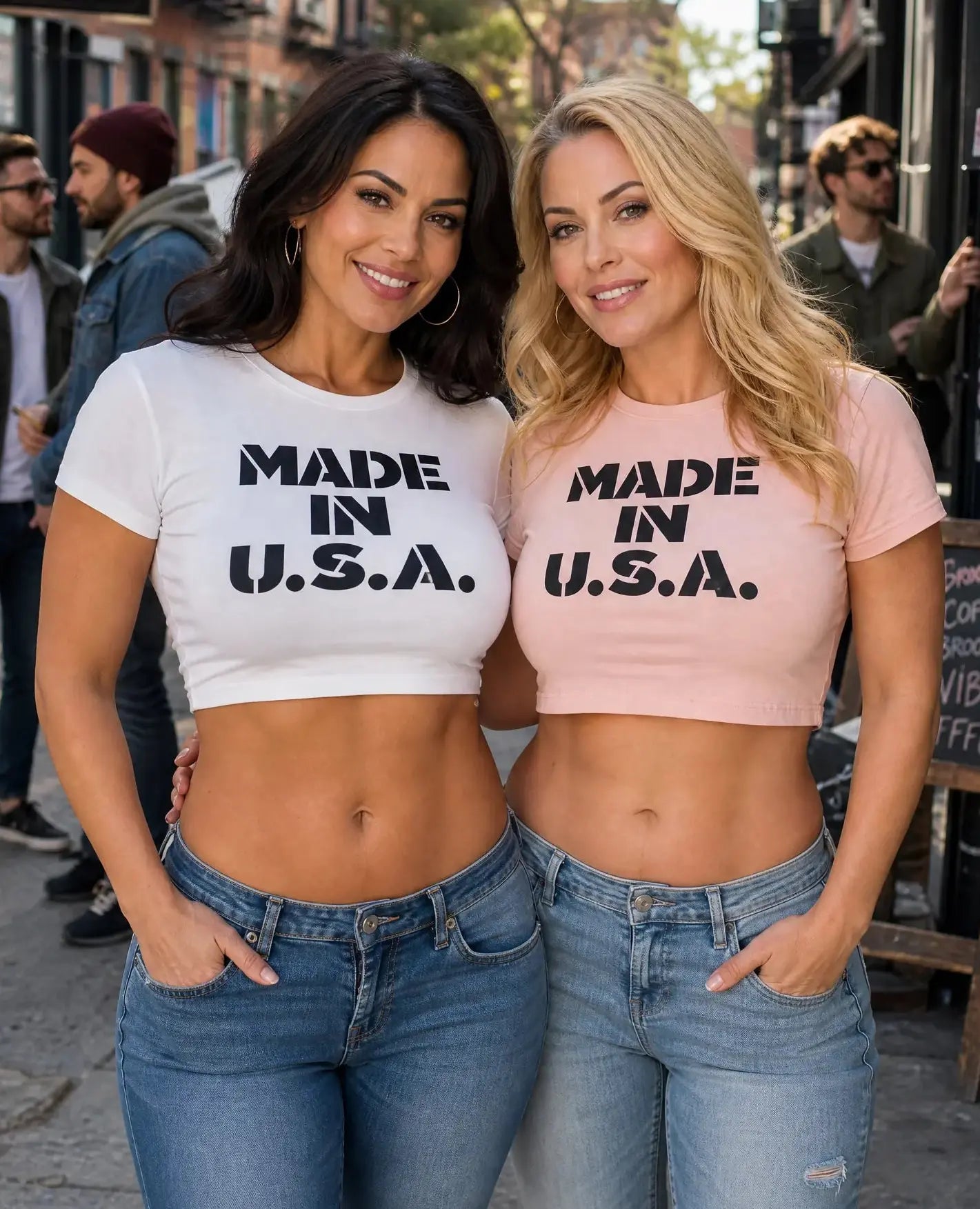 Two women wearing 'Made in U.S.A.' t-shirts standing on a street.