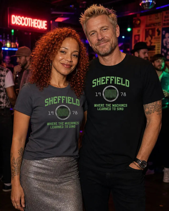 Two people wearing 'Sheffield 1978' t-shirts in a disco setting.