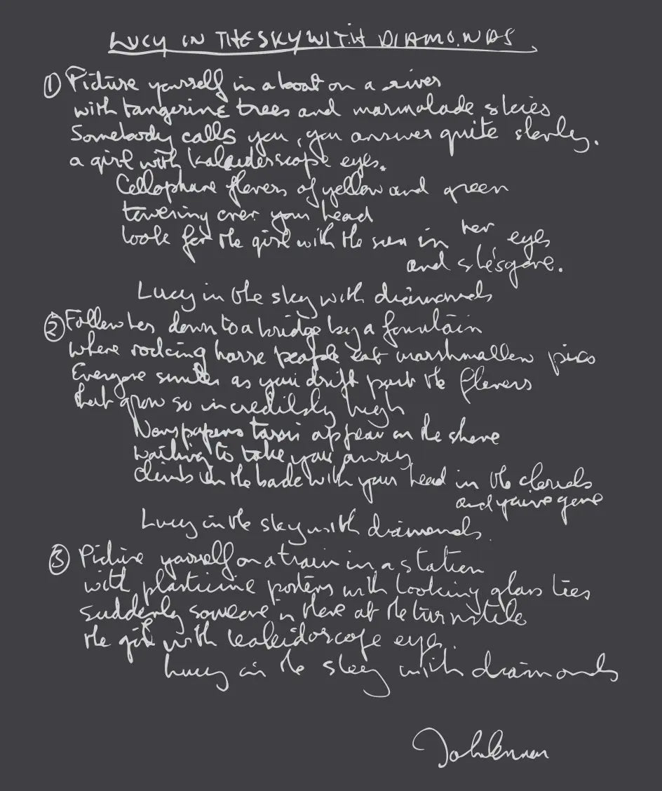 "Lucy in the Sky with Diamonds - The Beatles" Premium Unisex T-Shirt (Handwritten lyrics by John Lennon) - Amp’d Apparel