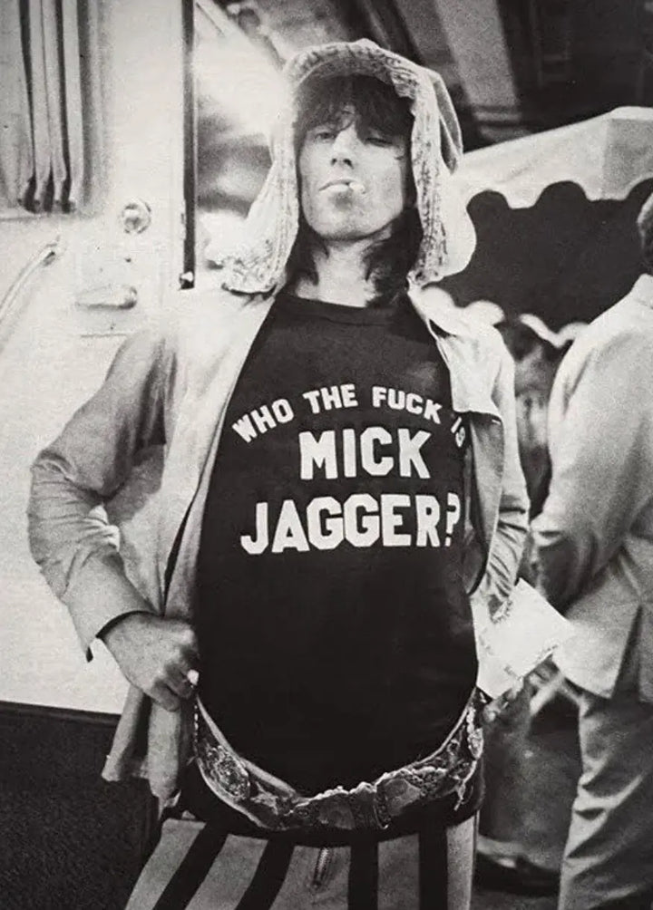"Who the F*ck is Mick Jagger?" Premium Crew T-shirt  (Worn by Keith Richards of the Rolling Stones 1975) - Amp’d Apparel