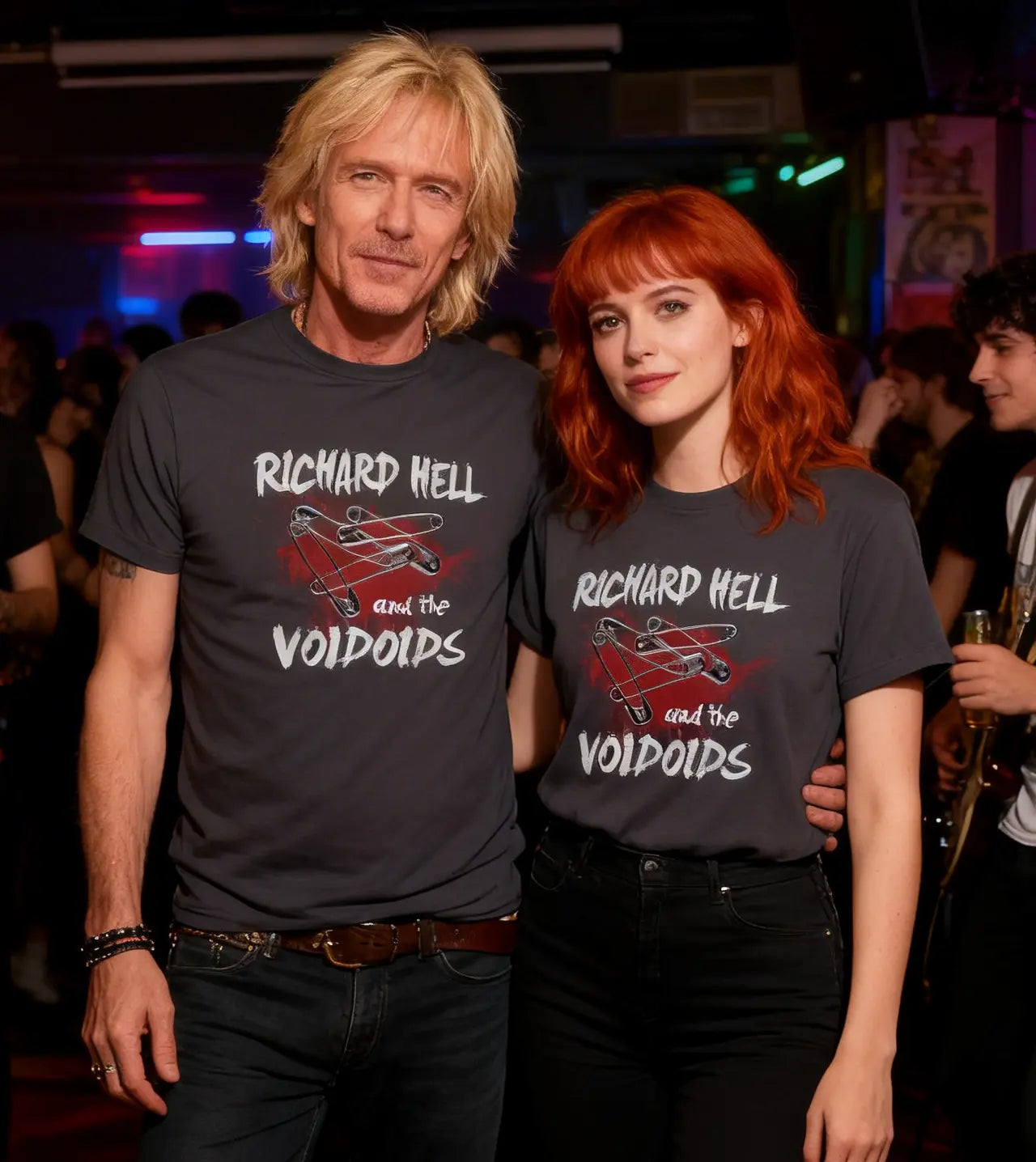 Two people wearing 'Richard Hell and the Voidoids' t-shirts in a club setting.