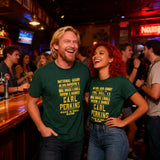Two people wearing green t-shirts with yellow text in a bar setting