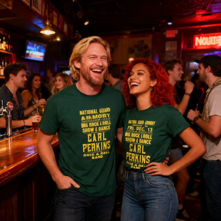 Two people wearing green t-shirts with yellow text in a bar setting