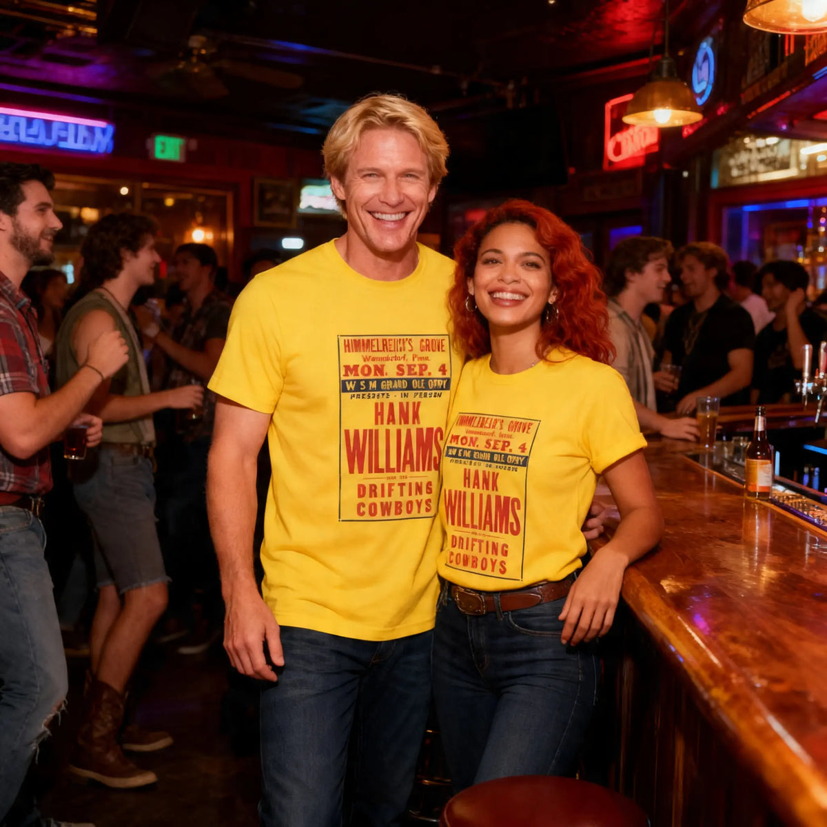 Two people wearing yellow t-shirts with text in a bar setting