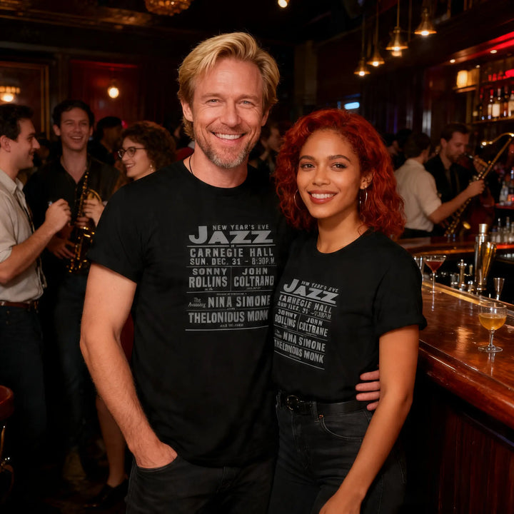 Two people wearing black t-shirts with jazz music text in a bar setting
