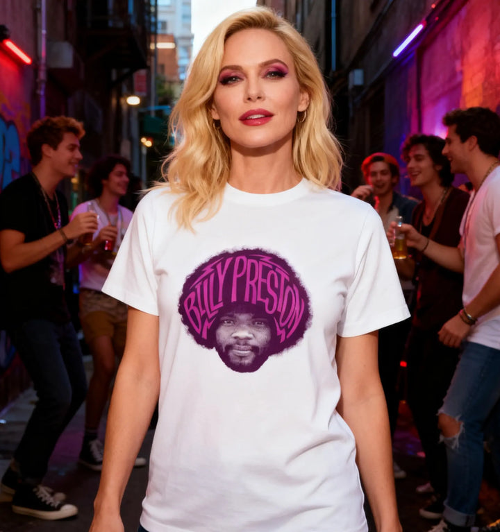 Woman wearing a white t-shirt with a graphic design in a street setting